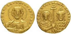 THE BYZANTINE EMPIRE
NICEPHORUS II PHOCAS, 963-969
SOLE REIGN
Tetarteron 963-969. Obv. +IHS XPS REX REGNATIYM Facing bust of Christ with nimbus, ra...