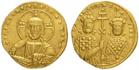 THE BYZANTINE EMPIRE
BASIL II BULGAROKTONOS, 976-1025, WITH CONSTANTINUS VIII
Mint of Constantinopolis
Tetarteron nomisma 1005/1025. Obv. +IhS XIS ...