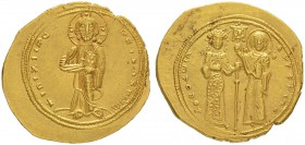 THE BYZANTINE EMPIRE
THEODORA, 1055-1056
Mint of Constantinopolis
Histamenon 1055-1056. Obv. +IhS XII DEX REGNANTIhm Christ, nimbate,standing facin...