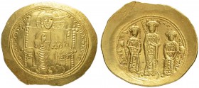 THE BYZANTINE EMPIRE
CONSTANTINUS X, 1059-1067, WITH MICHAEL VII and CONSTANTIUS
Mint of Constantinopolis
Histamenon 1067. Obv. +IhS INI RЄX RЄςNAN...
