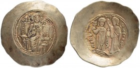 THE BYZANTINE EMPIRE
MANUEL I COMNENUS, 1143-1180
Mint of Constantinopolis
Electrum aspron trachy 1167-1183 (?). Obv. Christ seated upon throne wit...