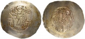 THE BYZANTINE EMPIRE
MANUEL I COMNENUS, 1143-1180
Mint of Thessalonica
Electrum aspron trachy 1152-1160 (?). Obv. Christ with nimbus seated facing ...