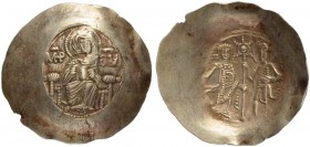 THE BYZANTINE EMPIRE
MANUEL I COMNENUS, 1143-1180
Mint of Thessalonica
Electrum aspron trachy 1160-1167 (?). Obv, The Virgin, nimbate, seated on ba...