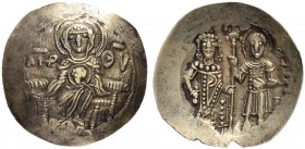 THE BYZANTINE EMPIRE
MANUEL I COMNENUS, 1143-1180
Mint of Thessalonica
Electrum aspron trachy 1160-1167 (?). Obv. The Virgin, nimbate, seated on ba...