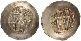 THE BYZANTINE EMPIRE
ISAAC II ANGELUS, 1185-1195
Mint of Constantinopolis
Electrum aspron trachy 1185-1195. Obv.The Virgin seated facing on throne,...