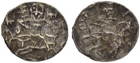 EMPIRE OF TREBIZOND
MANUEL III, 1390-1417
Mint of Trebizond
Silver-1/2 Asper. Obv. St. Eugenius on horseback r., nimbate, holding cross-scepter. Re...