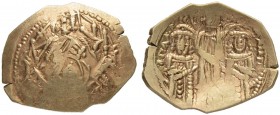 THE RESTORED BYZANTINE EMPIRE
JOHN V AND JOHN VI CANTACUZENUS, 1347-1353
Mint of Constantinopolis
Hyperpyron. Obv. Half length figure of the Virgin...