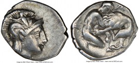 CALABRIA. Tarentum. Ca. 380-280 BC. AR diobol (12mm, 7h). NGC Choice VF. Head of Athena right, wearing crested Attic helmet decorated with figure of S...