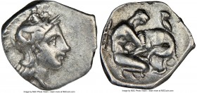 CALABRIA. Tarentum. Ca. 380-280 BC. AR diobol (13mm, 8h). NGC VF. Ca. 325-280 BC. Head of Athena right, wearing crested Attic helmet decorated with fi...