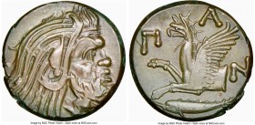 CIMMERIAN BOSPORUS. Panticapaeum. 4th century BC. AE (20mm, 11h). NGC AU. Head of bearded Pan right / Π-A-N, forepart of griffin left, sturgeon left b...