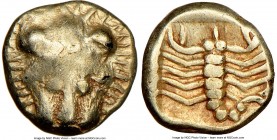 CARIA. Mylasa (?) Ca. mid-6th century BC. EL 1/48 stater or tetartemorion (5mm, 0.29 gm, 9h). NGC XF 5/5 - 3/5. Lion scalp facing / Scorpion standing ...
