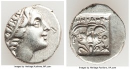 CARIAN ISLANDS. Rhodes. Ca. 88-84 BC. AR drachm (14mm, 2.55 gm, 11h). XF, bankers mark. 'Plinthophoric' coinage, Menodorus, magistrate. Radiate head o...