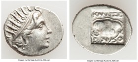 CARIAN ISLANDS. Rhodes. Ca. 88-84 BC. AR drachm (11mm, 2.62 gm, 11h). About XF. Plinthophoric standard, Callixei(nos), magistrate. Radiate head of Hel...