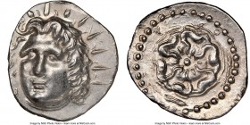 CARIAN ISLANDS. Rhodes. Ca. 84-30 BC. AR drachm (21mm, 4.24 gm, 8h). NGC Choice AU 4/5 - 4/5, edge scuff. Radiate head of Helios facing, turned slight...