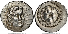 CARIAN ISLANDS. Rhodes. Ca. 84-30 BC. AR drachm (19mm, 1h). NGC Choice AU, brushed, scuff. Radiate head of Helios facing, turned slightly right, hair ...
