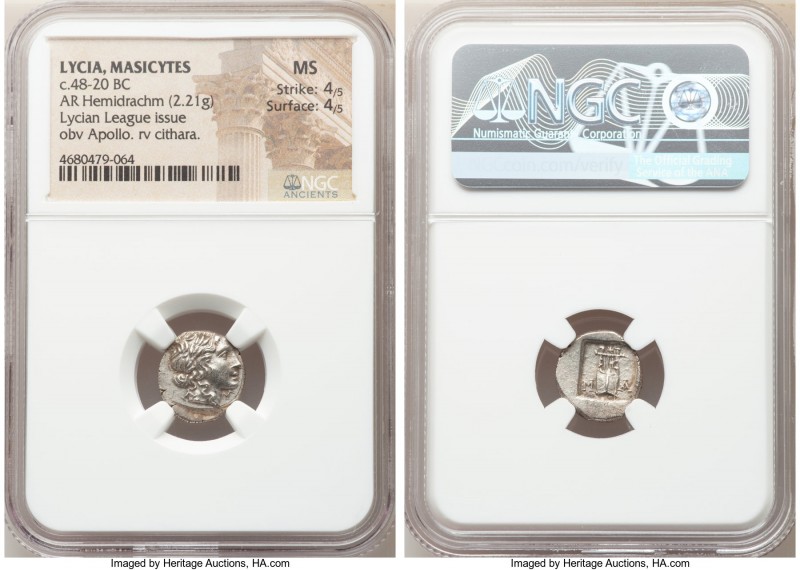 LYCIAN LEAGUE. Masicytes. Ca. 48-20 BC. AR hemidrachm (14mm, 2.21 gm, 12h). NGC ...