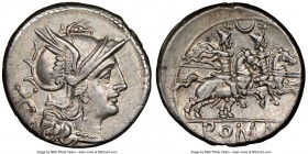 Anonymous. 207 BC. Crescent symbol series. AR denarius (18mm, 5h). NGC Choice XF. Head of Roma right wearing winged helmet, X behind / The Dioscuri on...