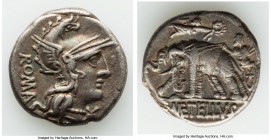 C. Caecilius Metellus Caprarius (ca. 125 BC). AR denarius (17mm, 3.87 gm, 10h). VF. Rome. ROMA, head of Roma right, wearing winged helmet decorated wi...