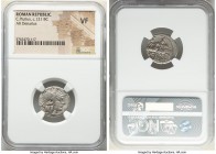 C. Plutius (ca. 121 BC). AR denarius (18mm, 7h). NGC VF. Rome. Head of Roma right, wearing pendant earring, necklace and winged helmet decorated with ...