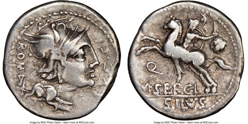 M. Sergius Silus (116-115 BC). AR denarius (19mm, 5h). NGC VF. Rome, special qua...