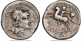 M. Sergius Silus (116-115 BC). AR denarius (19mm, 5h). NGC VF. Rome, special quaestorian issue. Head of Roma right, wearing winged helmet decorated wi...