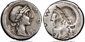 Mn. Aemilius Lepidus (ca. 114-113 BC). AR denarius (18mm, 12h). NGC Choice VF, brockage. Rome. ROMA (MA ligate), laureate, draped bust of Roma right, ...