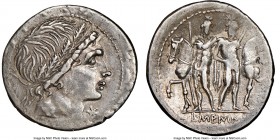 L. Memmius (109-108 BC). AR denarius (22mm, 4h). NGC XF. Rome. Young male head right, wearing oak-wreath; X- (mark of value) below chin / L•MEMMI, Dio...