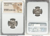 L. Flaminius Chilo (ca. 109-108 BC). AR denarius (19mm, 6h). NGC Choice VF. Rome. Helmeted head of Roma right, ROMA (downwards) behind, X before; dott...