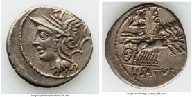 L. Appuleius Saturninus (ca. 104 BC). AR denarius (19mm, 3.91 gm, 9h). Choice VF. Rome. Head of Roma left, wearing pendant earring, necklace, and wing...