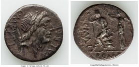 A. Postumius S.f. Albinus, L. Caecilius L.f.Q.n. Metellus Delmaticus and C. Publicius Malleolus (ca. 96 BC). AR denarius (18mm, 3.77 gm, 1h). VF, scra...