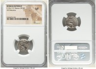 C. Vibius C. f. Pansa (ca. 90 BC). AR denarius (17mm, 3h).NGC VF. Rome. PANSA, laureate head of Apollo right with flowing hair; uncertain symbol (pell...