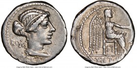 M. Porcius Cato (ca. 89 BC). AR denarius (17mm, 3h). NGC Choice VF. ROMA (MA ligate) behind and M•CATO (AT ligate) below, draped bust of Roma right, t...