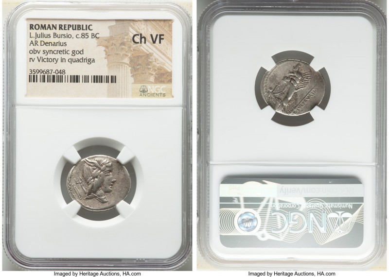 L. Julius Bursio (ca. 85 BC). AR denarius (20mm, 4h). NGC Choice VF. Rome. Laure...