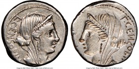 L. Censorinus, P. Crepusius and C. Limetanus (82 BC). AR denarius (17mm, 12h). NGC Choice VF S, brockage. Rome. L•CENSORIN, diademed, draped, veiled b...