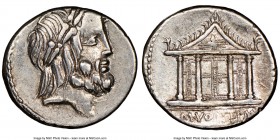 M. Volteius M.f. (ca. 78/75 BC). AR denarius (18mm, 5h). NGC XF. Rome. Laureate head of Jupiter right / M•VOLTEI•M•F, temple of Jupiter Capitolinus, t...