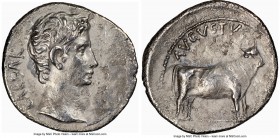 Augustus (27 BC-AD 14). AR denarius (19mm, 3.30 gm, 12h). NGC Choice XF 4/5 - 2/5. Pergamum, ca. 27 BC. CAESAR, bare head of Augustus right; dotted bo...