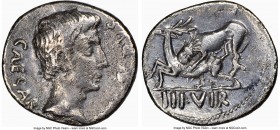Augustus (27 BC-AD 14). AR denarius (18mm, 3.60 gm, 6h). NGC Choice VF 4/5 - 2/5. M. Durmius, as moneyer, ca. 19/8 BC. CAESAR-AVGVSTVS, bare head of A...