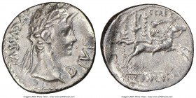 Augustus (27 BC-AD 14). AR denarius (19mm, 3.57 gm, 1h). NGC XF 4/5 - 2/5. Lugdunum, 8 BC. DIVI•F-AVGVSTVS, laureate head of Augustus right / C•CAES /...