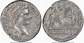 Augustus (27 BC-AD 14). AR denarius (19mm, 6h). NGC Choice VF, bankers mark, edge cut, scratch. Lugdunum, 2 BC-AD 4. CAESAR AVGVSTVS-DIVI F PATER PATR...