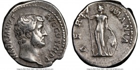 Hadrian (AD 117-138). AR denarius (18mm, 6h). NGC Choice Fine. Rome, AD 134-138. HADRIANVS-AVG COS III P P, bare head of Hadrian right / GER-MANIA, Ge...