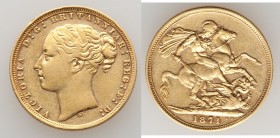 Victoria gold "St. George" Sovereign 1871-S AU (Rim Nick), Sydney mint, KM7, S-3858A. 22mm. 7.95gm. AGW 0.2355 oz. 

HID09801242017

© 2020 Herita...