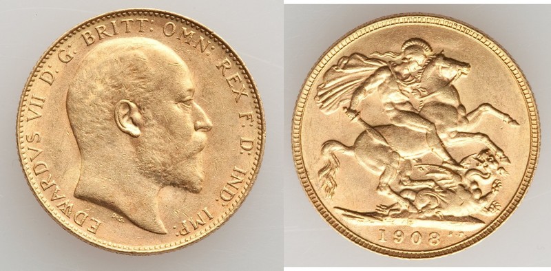 Edward VII gold Sovereign 1908-P AU, Perth mint, KM15. 21.8mm. 7.98gm. AGW 0.235...