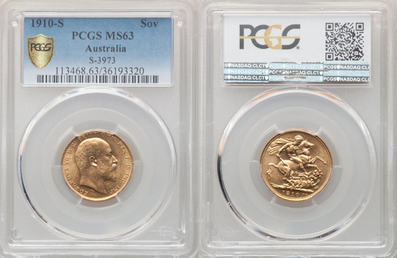 Edward VII gold Sovereign 1910-S MS63 PCGS, Sydney mint, KM15. AGW 0.2355 oz. 
...