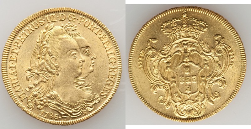 Maria I & Pedro III gold 6400 Reis 1786-R UNC, Rio de Janerio mint, KM199.2. 32m...