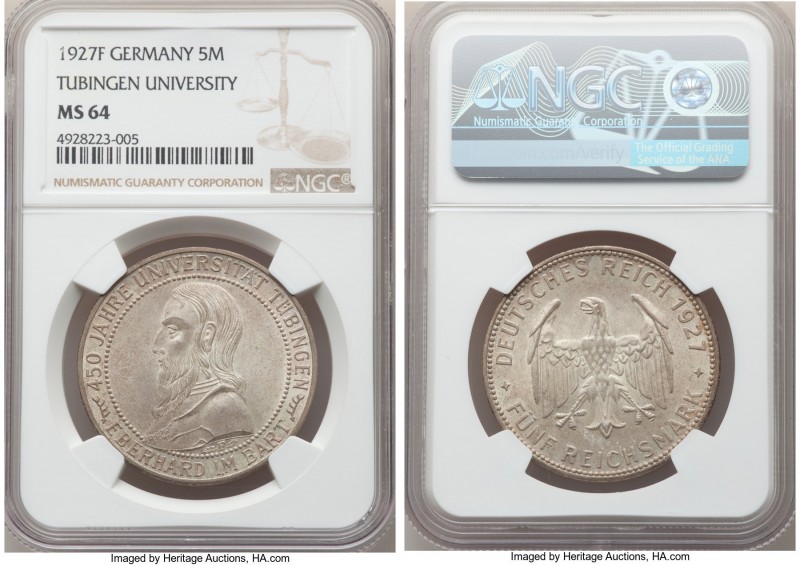 Weimar Republic "Tubingen University" 5 Mark 1927-F MS64 NGC, Stuttgart mint, KM...