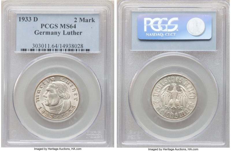 Third Reich Pair of Certified Assorted 2 Marks MS64 PCGS, 1) 2 Mark 1933-D - Mun...