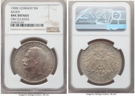 Pair of Certified Assorted Multiple Marks NGC, 1) German States: Baden. Friedrich II 5 Mark 1908-G - UNC Details (Obverse Cleaned), Karlsruhe mint, KM...