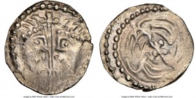Anglo-Saxon. Secondary Sceat ND (710-725) AU58 NGC, York mint, S-802A. 1.04gm. Two facing diademed heads with long cross (with trident end) between / ...