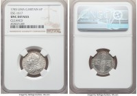 George II "Lima" 6 Pence 1745 UNC Details (Cleaned) NGC, KM582.3, ESC-1617. Struck from Spanish silver seized at Lima Peru. 

HID09801242017

© 20...