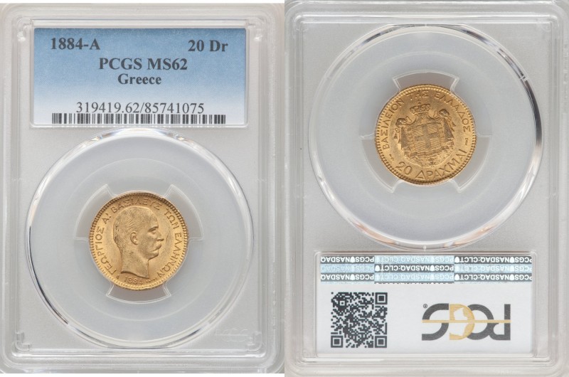 George I gold 20 Drachmai 1884-A MS62 PCGS, Paris mint, KM56. AGW 0.1867 oz. 
...